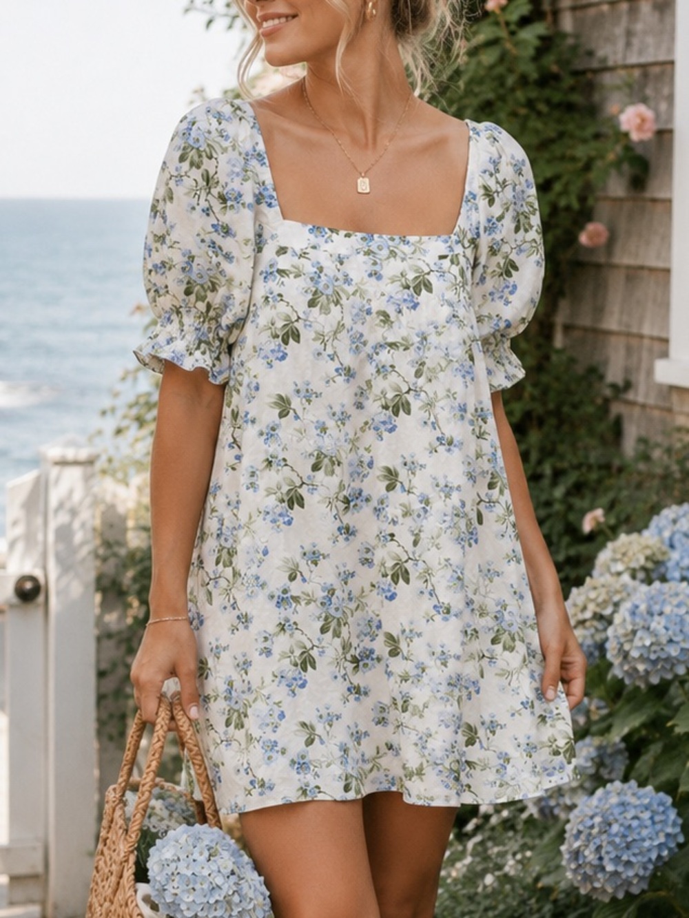 Crown & Ivy Blue Floral Cottagecore Puff Sleeve Dress Size Large 100% Cotton